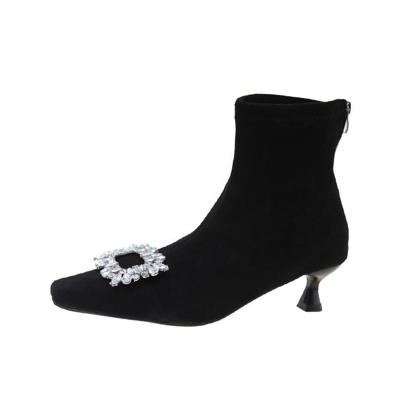 Elastic Women's Winter New Pointed Rhinestone Square Buckle Fashionable Velvet Warm Stiletto Short Boots