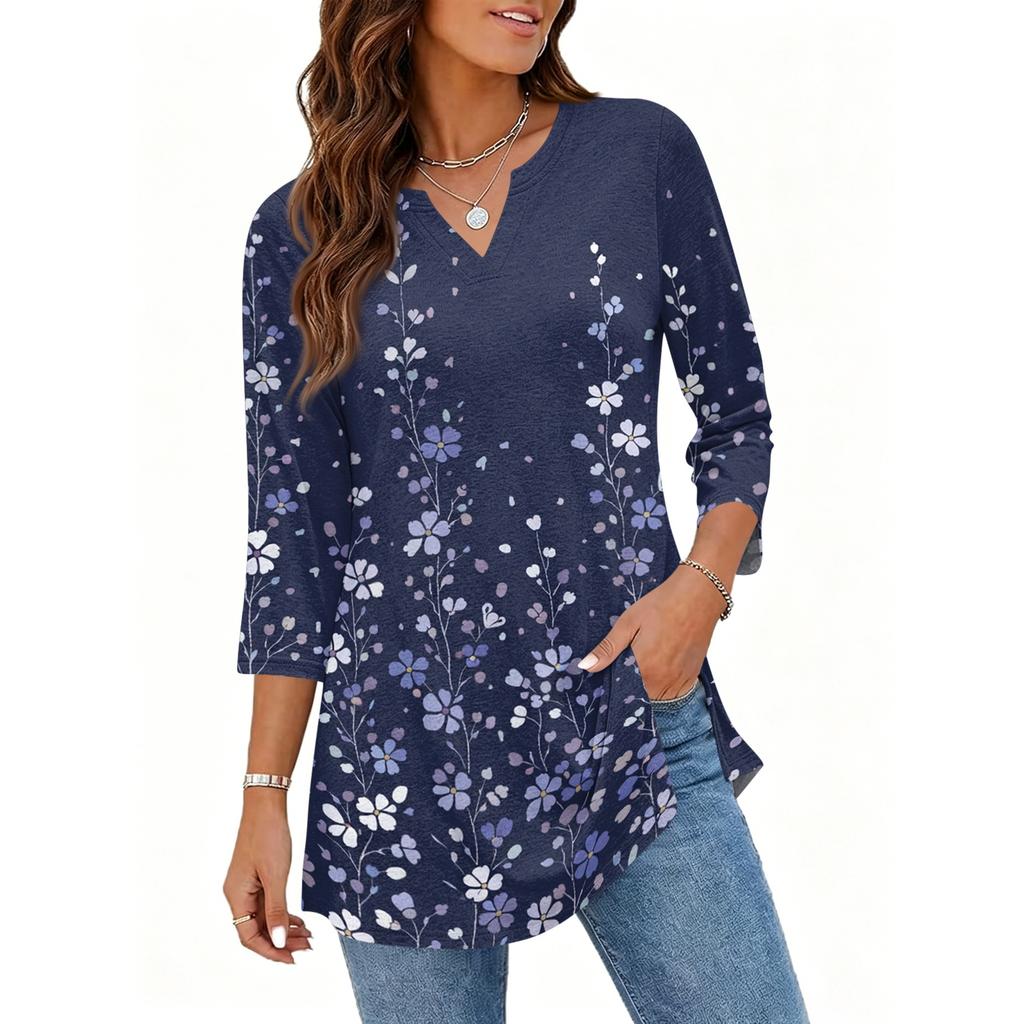 Womens Casual V Neck 34 Sleeve Pullover Tunic Top Floral Print Loose Fit Mid Length Blouse for Daily Wear