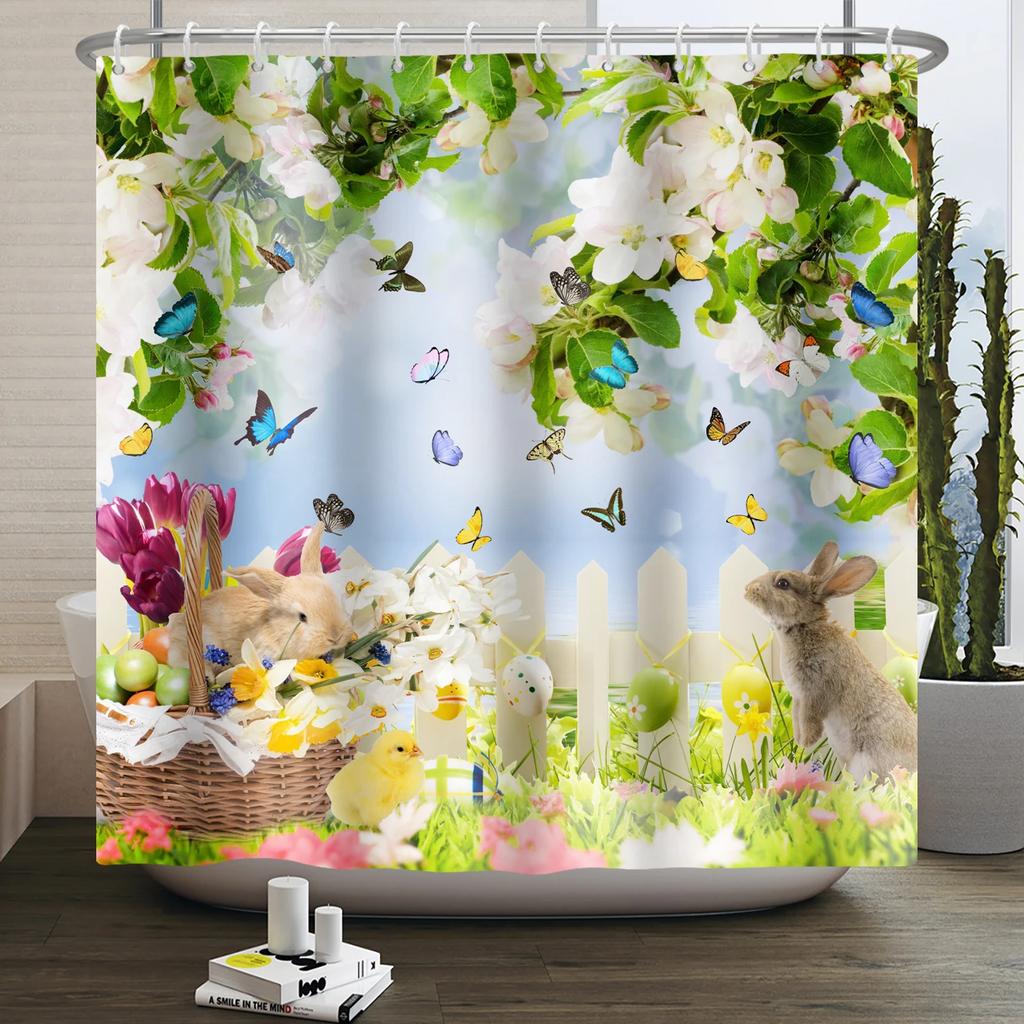 Spring Easter Shower Curtain Happy Rabbit Bunny Eggs Flower Garden Floral Holiday Waterproof Bathroom Shower Curtain With Hooks