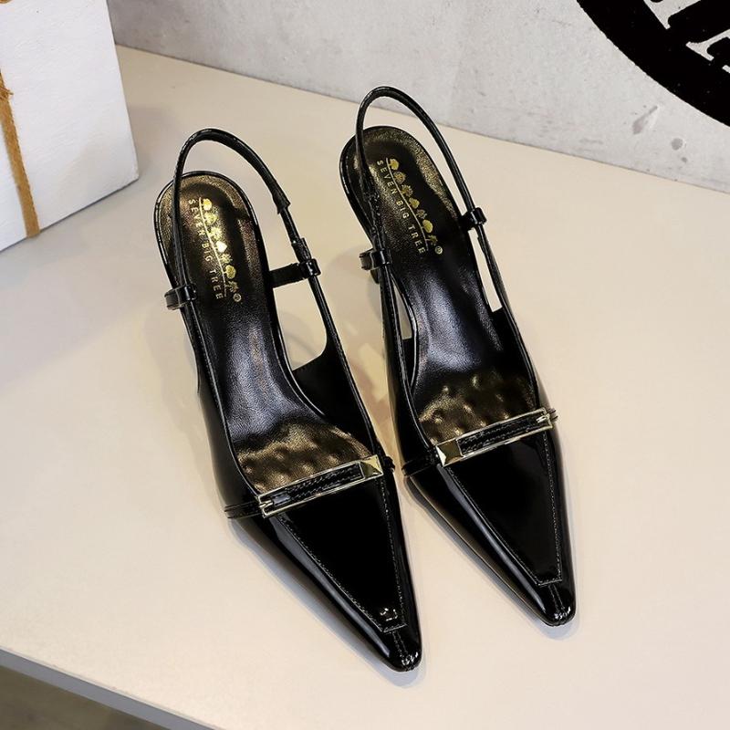 European Style Banquet Pointed Toe Stiletto Heels Patent Leather Metal Buckle Open Back Strap Vulcanized Shoes for Women