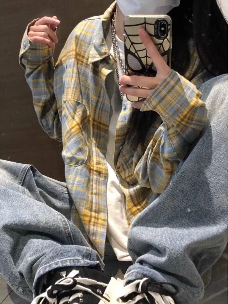 

2025 Мужская рубашка свободного кроя оверсайз в ретро-клетку - Весна/Осень Топ высокого класса XL жёлтый