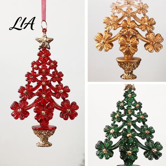 Acrylic Flower Tree Figurines Christmas Ornament with Lanyard, Xmas Shaped Gift for Friends Family Decorative Hanging Pendant Holiday Tree,