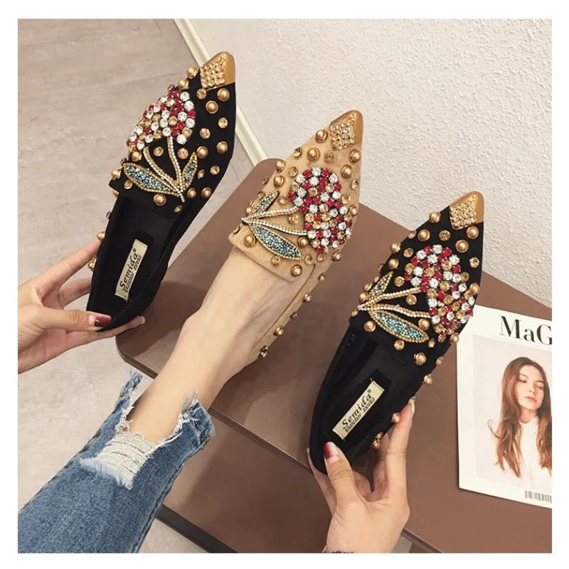 Fashion New 2025 Pointed Toe Women Flat Rhinestones Cherry Loafers Rivets Classic Ladie Flats Shoes Women's Ballet Flats Soft Boat Shoes
