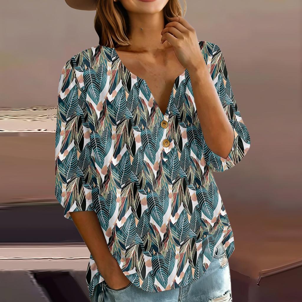 Women’s Casual Floral Print Henley Neck Button Front Cotton Linen Shirt with Three Quarter Sleeves and Relaxed Fit Top