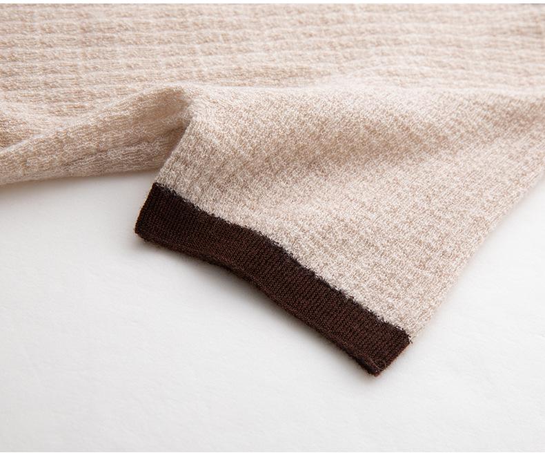 Women's 100% Wool Short-Sleeve Color Block Sweater - Warm, Comfortable, Versatile Round Neck Base Layer Knitwear for Autumn/Winter.
