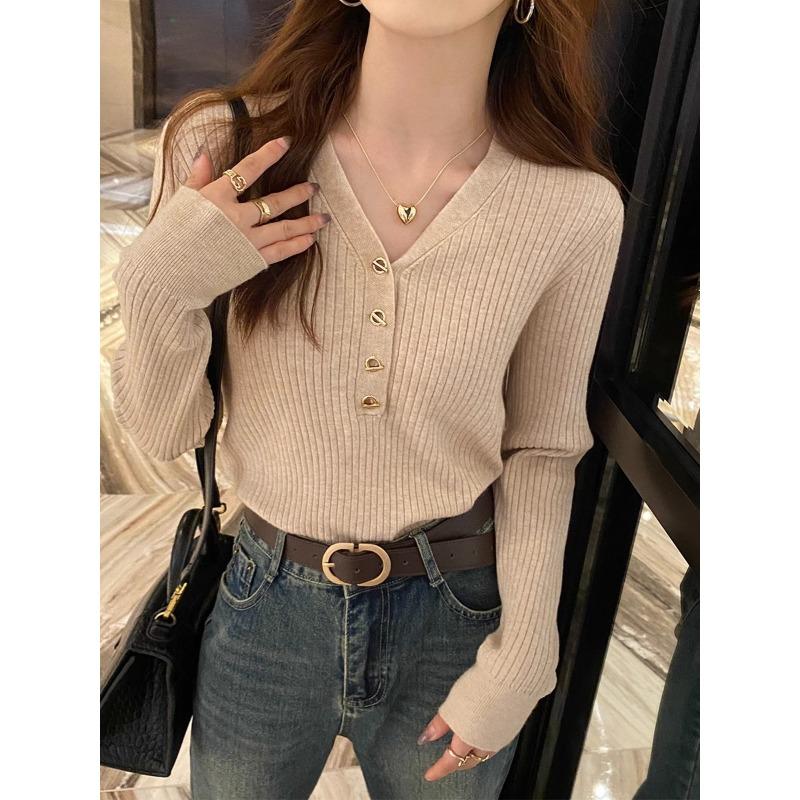 Ji Slim-fit Short Long Sleeve Bottom Knitted Sweater Top Design Sense Neck Hollow V-Neck Sweater Women's Inner Wear