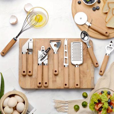 9PCS/Set Creative Kitchen Wooden Handle Small Kitchenware Stainless Steel Combination Cake Wheel Cheese Knife Planer