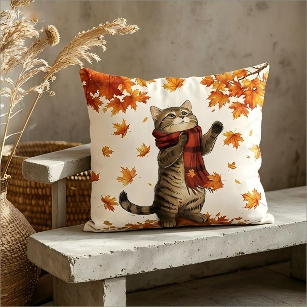 Fall Cat With Red Scarf Print Throw Pillow Cover, Cute Autumn Tabby Cat With Maple Leaves Decorative Cushion