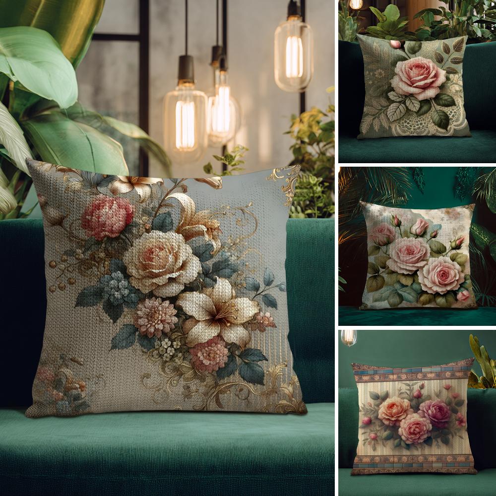 Rose Elegant Cushion Cover Natural Linen Pillow Case DoubleSided Print Decorative Sofa Pillowcase Home Decor Gift