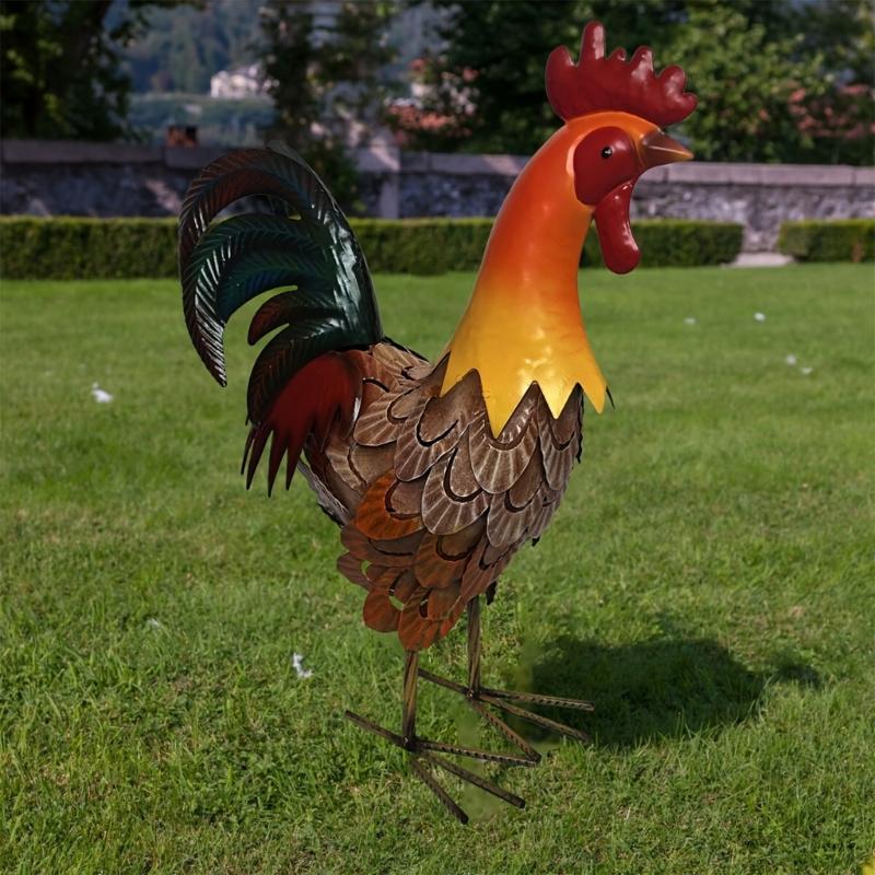 Elegante Scultura di Gallo in Metallo Per Giardino e Decorazione della Casa Ornamenti per Prato sul Retro Con Finitura Resistente alle Intemperie
