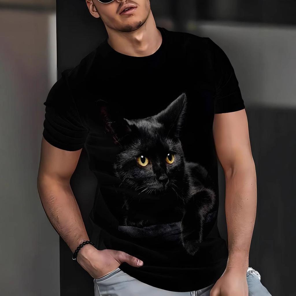 3D Cat Animal Pattern Short Sleeved T-shirt for Summer, Breathable and Sweat Proof Top Men's T-shirts