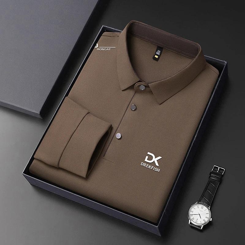 New Men'S Business Casual Long Sleeved Shirt With Badge Solid Color Polo Shirt Fashionable Breathable Comfortable Versatile Top