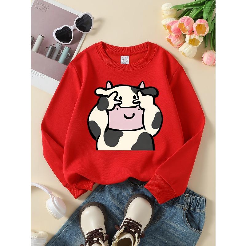Crewneck Sweatshirt for Girls Featuring a Cow Print Design with Spots And a Smile, Machine Washable, Suitable for Spring And Autumn, Ideal for Sports