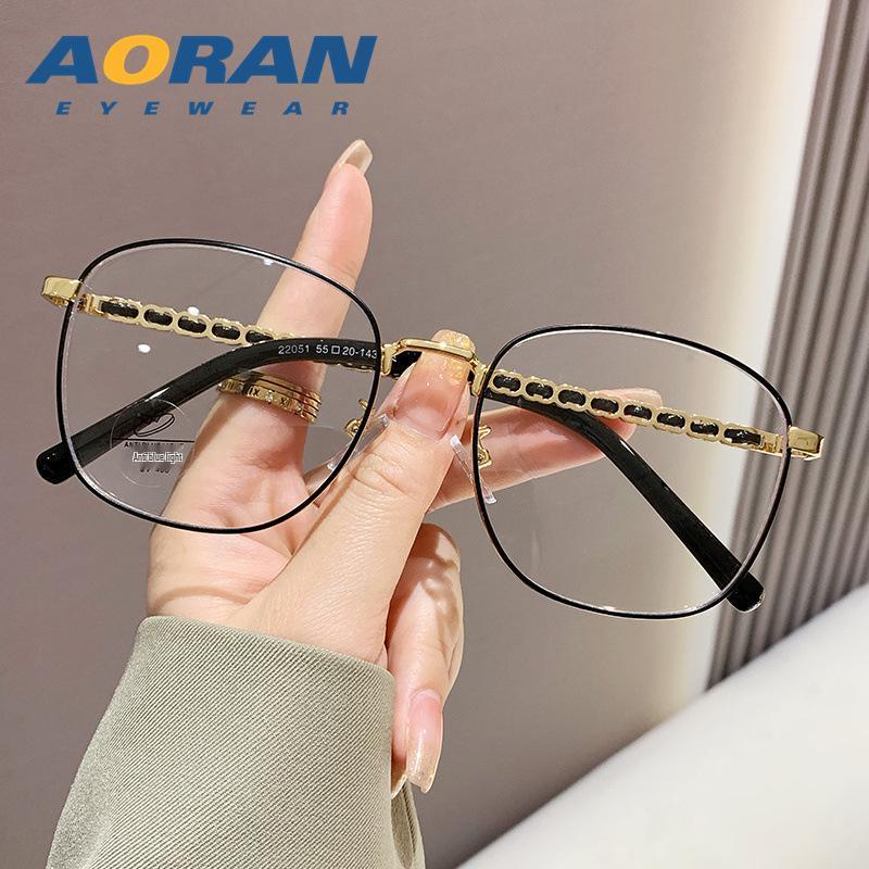 Trendy Women's Anti-Blue Light Metal Frame Glasses - Large, Fashionable, Plain Face Style