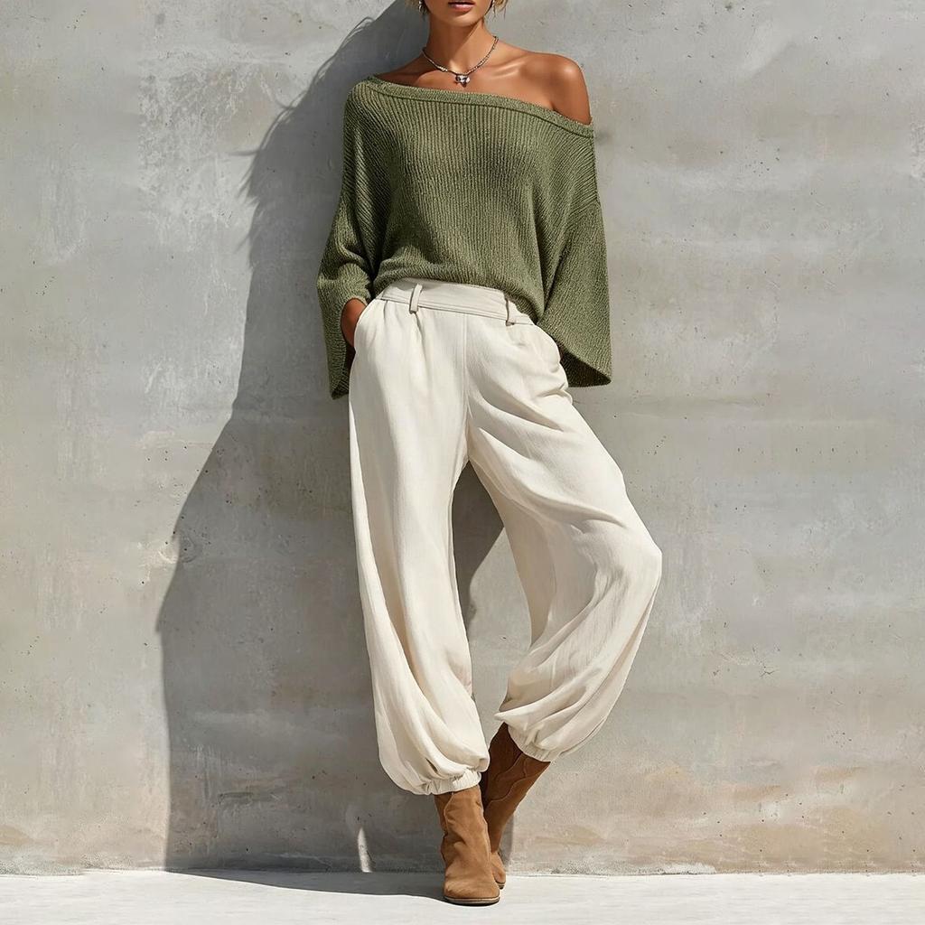 Women's Off Shoulder Top and Casual Pants Two Piece Outfit Set