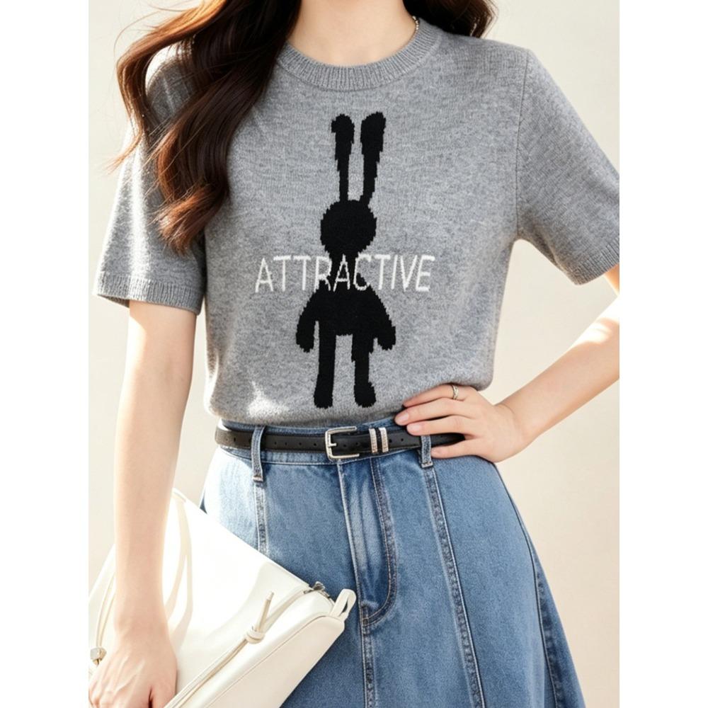 

New Women s Cute Rabbit Print Short Sleeve T-Shirt Summer Fashion Round Neck Loose Minimalist Versatile Top Daily Commute Wear M