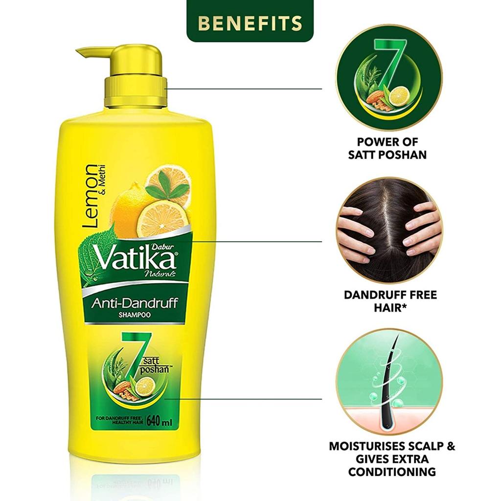 Dabur Vatika Anti Dandruff Shampoo, with Lemon & Methi for Dandruff Free Hair - 640ml