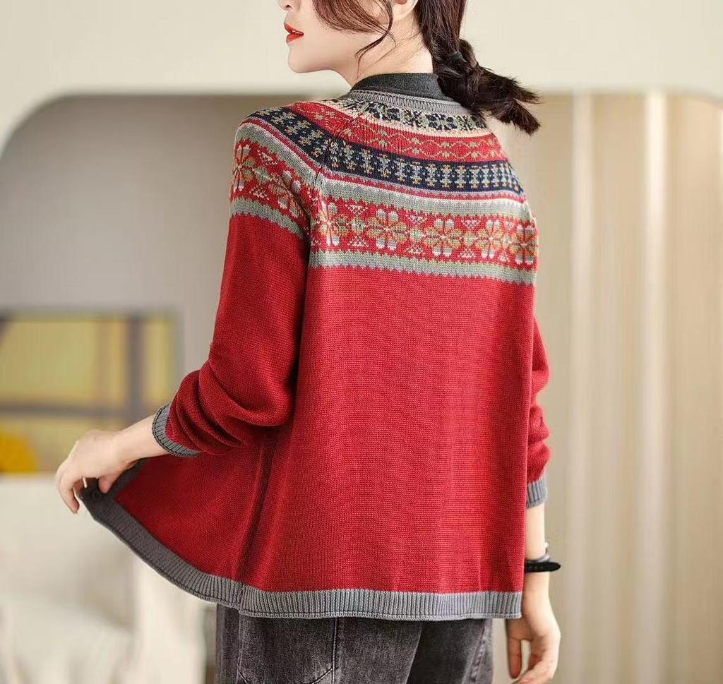 Women's Retro Ethnic Style Loose Knit Cardigan with Long Sleeves
