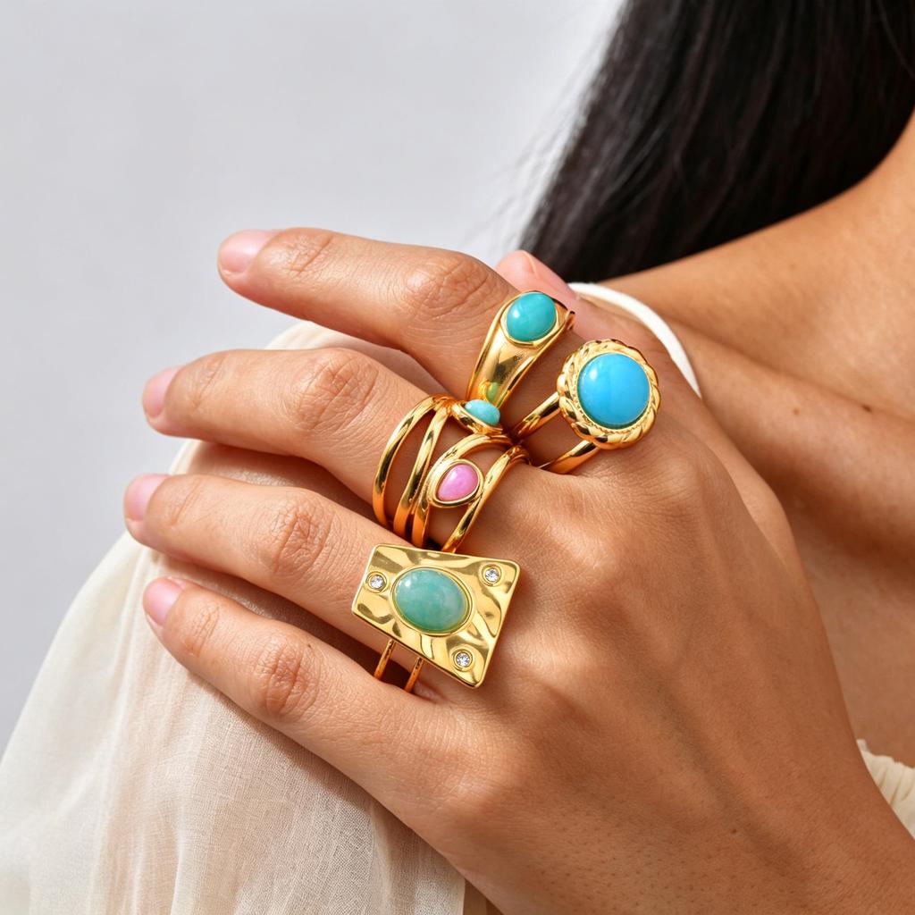Boho Natural Stone Statement Ring for Women, Geometric Shield Multi Layer Open Band, Aesthetic Stackable Jewelry