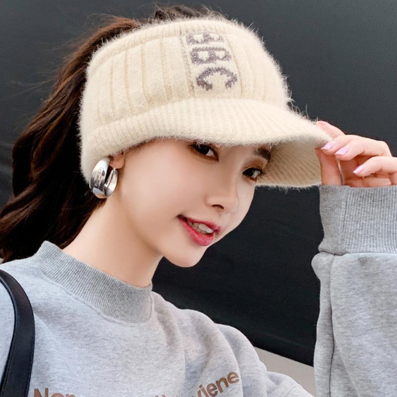 Tide Knitted Empty Top Hat Ladies Outdoor Duck Tongue Cycling Alphabet Wool Hat Rabbit Hair Blended Thermal Hat Winter