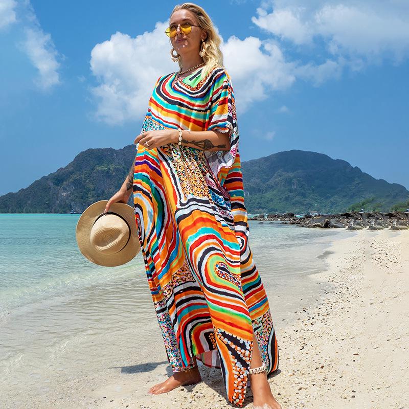 Bata con Estampado de Rayón para Proteger del Sol en la Playa y Vestido Cubre-traje de Baño