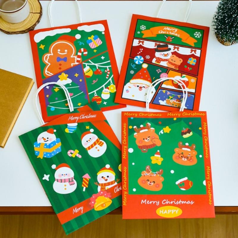 Merry Christmas Kraft Paper Gift Tote Bags Packaging Child For Candy Snack Storage Pouch Birthday Party Favors