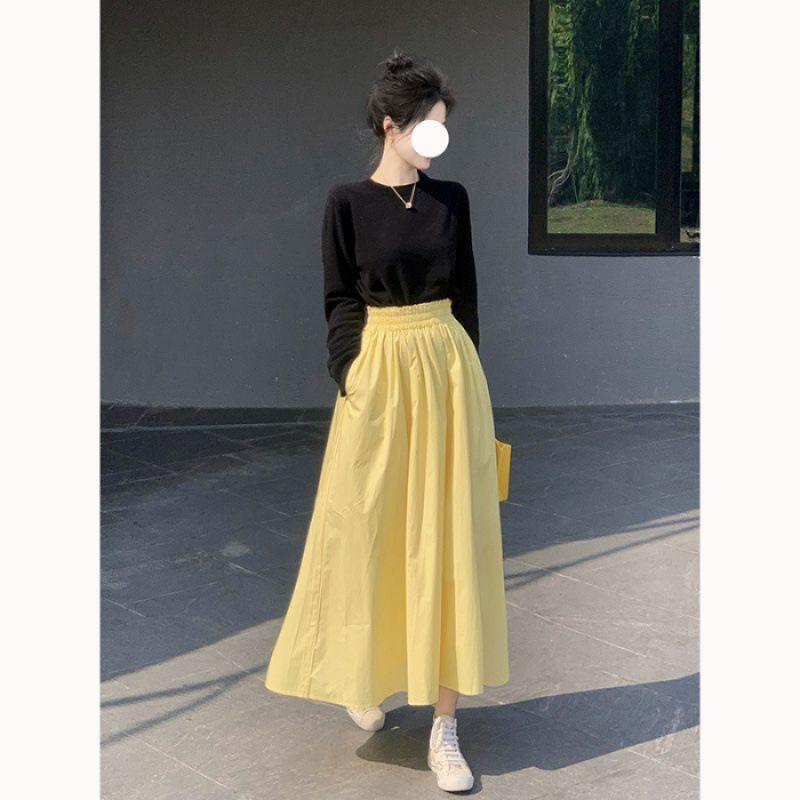 

Yellow skirt women s summer new small casual high waist thin a word medium and long umbrella skirt M