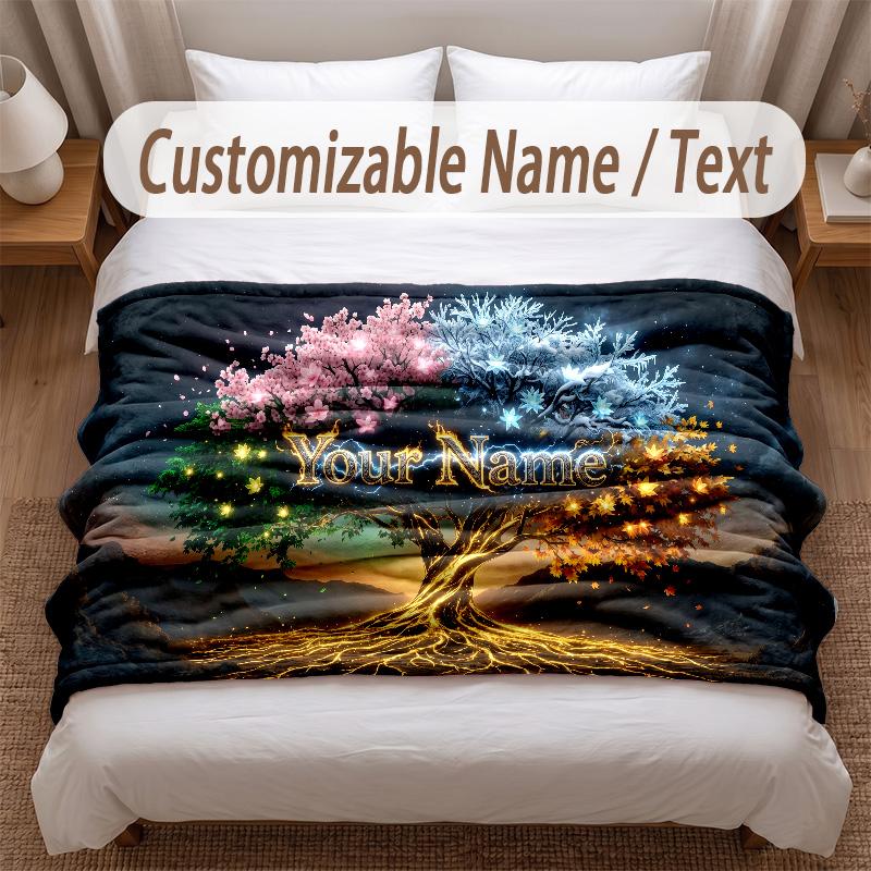 Tree of Life Theme Soft Blanket Personalized Custom Name Text Print Warm Blanket Home Sofa Bedroom Decor