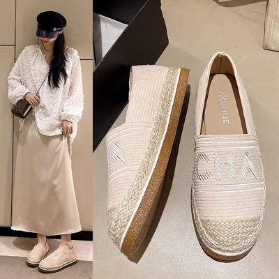 Fischerschuhe Damen neue bestickte Buchstaben flacher Mund Einzelne Schuhe Sommer Außen Canvas Schuhe