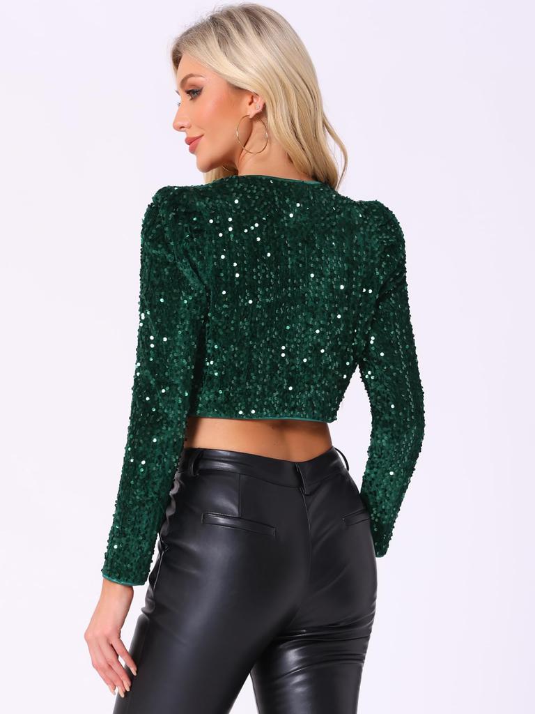 Allegra K Women's Sequined Cropped Bolero Cardigan with Open Front, Dark Green, Size M