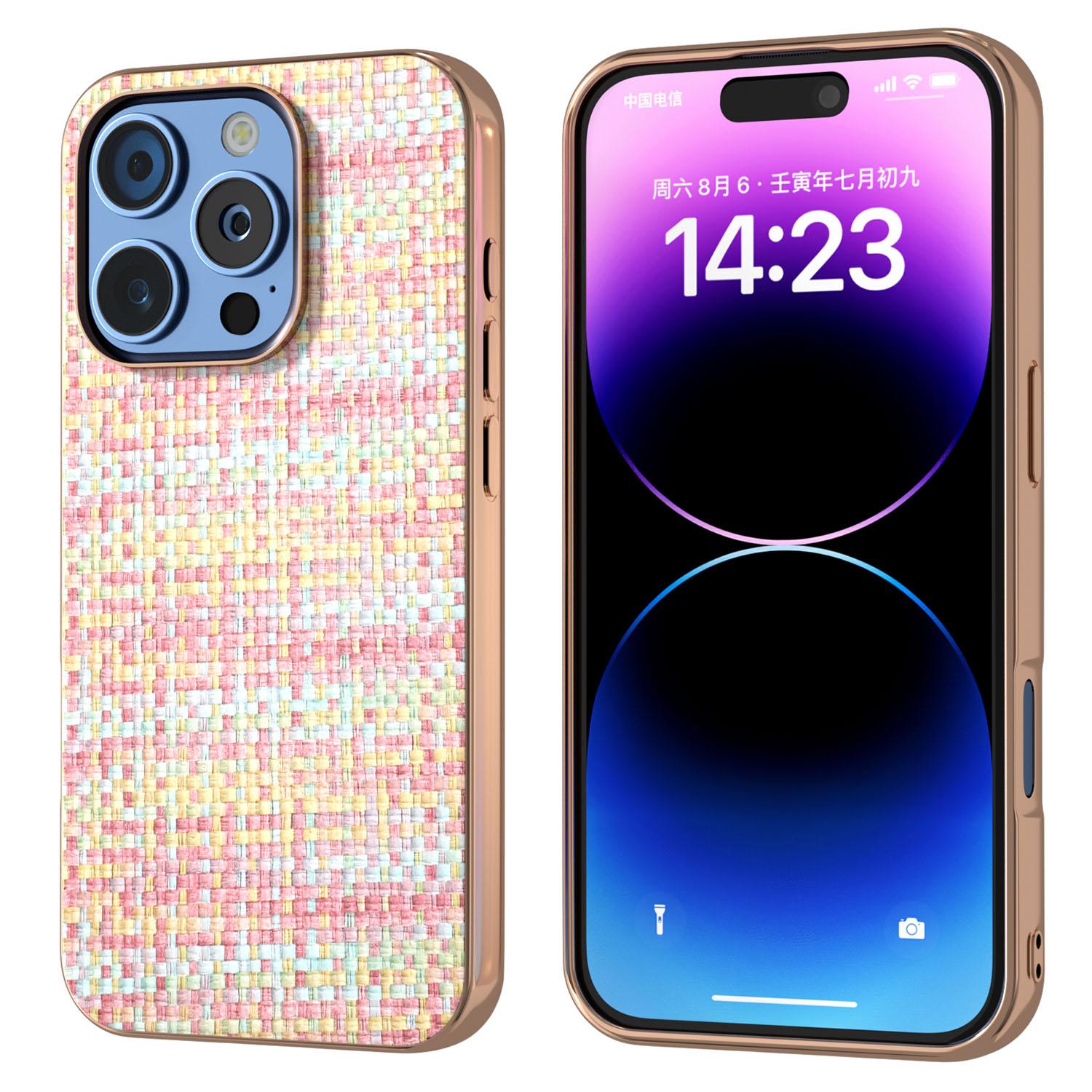 

Чехол для iPhone 16 Pro с гальваническим краем, текстурой в клетку, из ПУ-кожи + ПК + ТПУ, чехол для телефона B