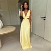 Deep V-neck Hollow Long Dress Sleeveless Slit Beach Vacation Dress Solid Color High Waist Dress