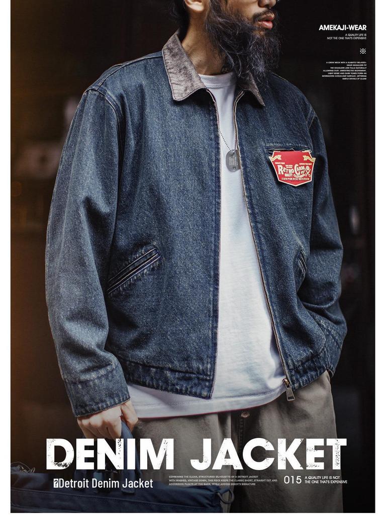 Men's American Retro Denim Detroit Jacket: Washed & Distressed Casual Lapel for Spring