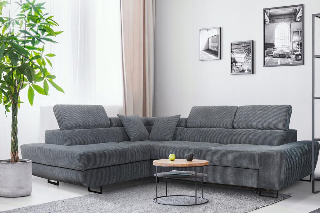 Corner Sofa, Foldable, F, Sleeping, Savio, Left, Family Furniture, Black, Corduroy