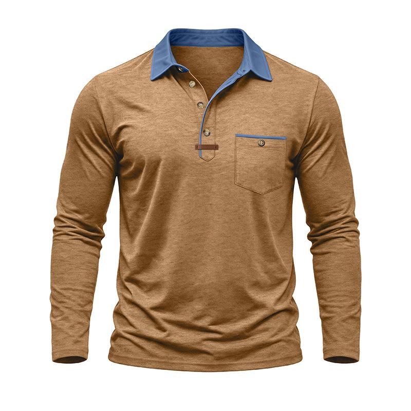 Mens Casual Long Sleeve Polo Shirts Contrast Lapel Button T Shirt with Chest Pocket Solid Color Daily Business Tops