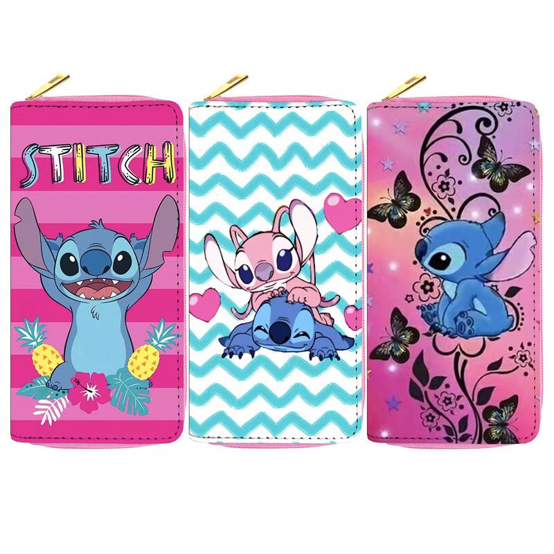 Stitch PU Long Wallet Student Anime Zip Coin Purse Makeup Bag Passport Holder 3pcs