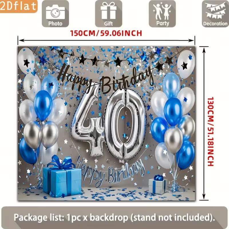 2D Blue Silver Balloon 40th Birthday Backdrop - Star Confetti Background Banner for 40th Birthday Celebration