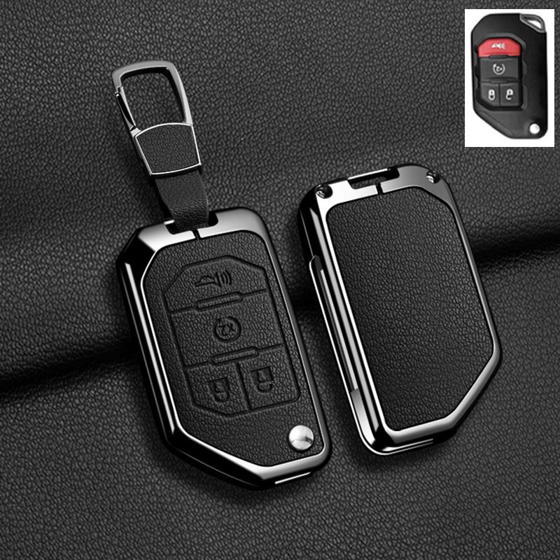 Convient Pour Jeep Gladiator Jt Sahara Jlu Wrangler Jl Rubicon Alliage de Zinc Cuir Véritable 2 3 4 Boutons Housse Étui Porte-clés pour Clé de Voiture Accessoires Auto