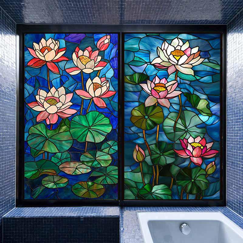 European Style Oil Painting Art Privacy Window Film Waterproof Sun-proof Church Stained Glass Film Lotus Pattern Window Stickers