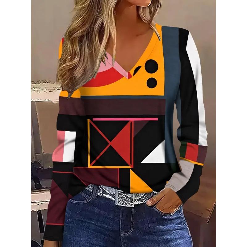 Art Graffiti Printed V-neck Top Women's Personalized Long Sleeve Fashion T-shirts