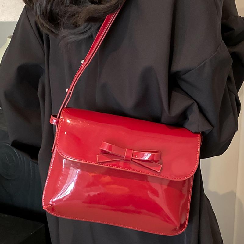 Patent Leather Red Crossbody Bags For Women  New Fashion Solid Bow Small Square Bag Simple Commuter One Shoulder Purses