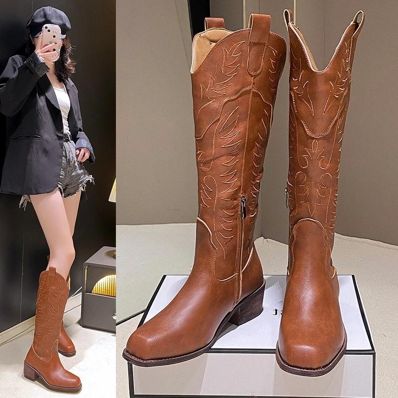 Fashion 2025 New Embroidery Pointed Toe Western Boots Women Slip on Thick Heels Mid Calf Boots Woman Brown Flock Cowboy Botas Mujer D21