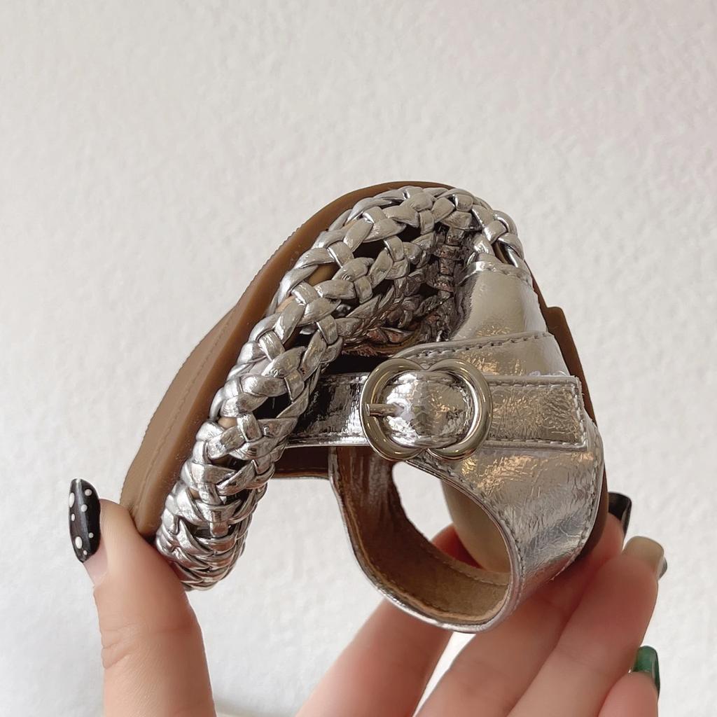 Summer Girl's Sandals Braided Hollow-out Sliver Beige Kids Sliders Versatile Minimalist Shallow Trendy  Childern Shoes 22-33