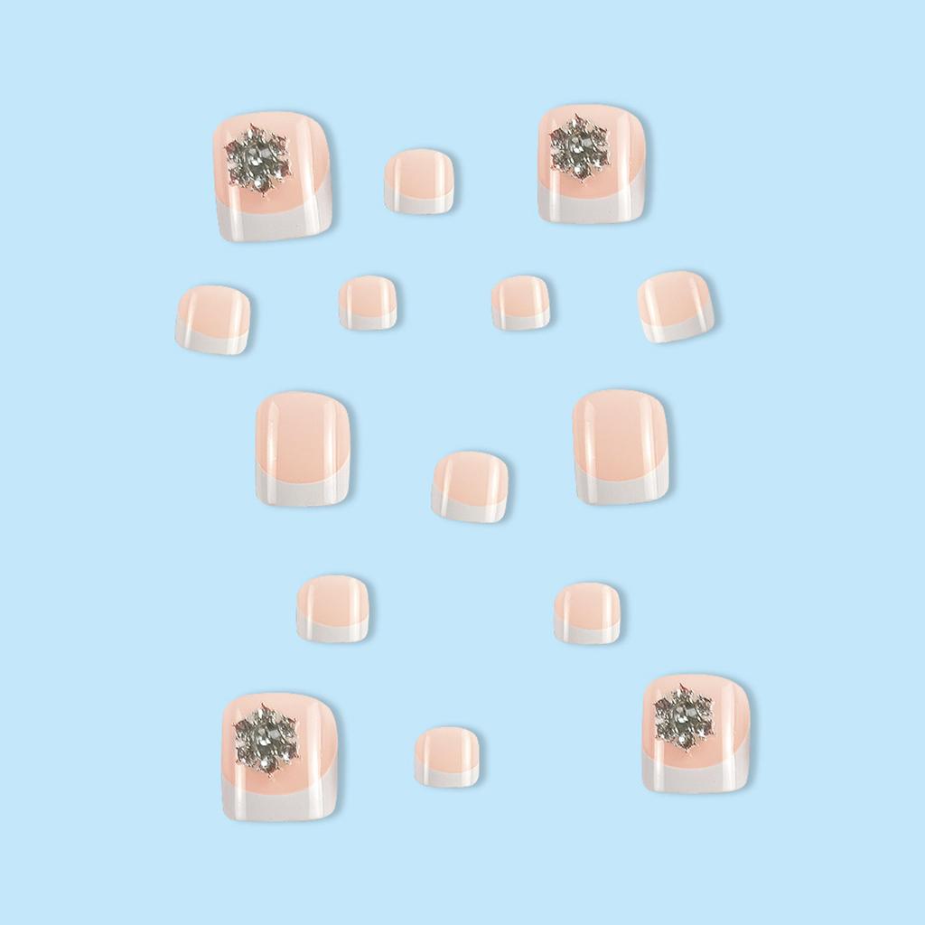 24Pcs White French Toe Nails with Snowflake Rhinestone Elegant Design for Party Wedding Daily Use