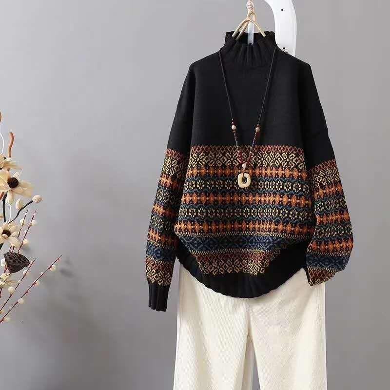 

Элегантный свитер с геометрическим узором для женщин - длинный рукав, воротник-стойка из эластичной ткани, можно стирать в стиральной машине - идеально подходит для осени/зимы 3XL чёрный