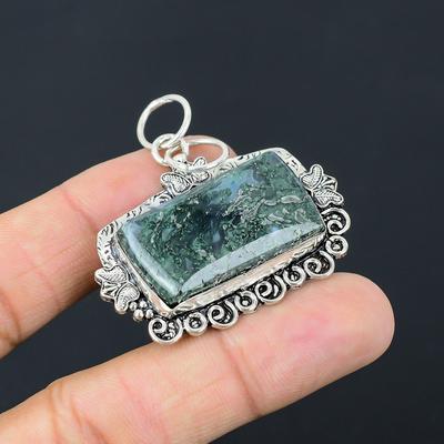 Presente de Casamento Para Ela Pingente de Prata 925 com Gema Ágata Musgo Solar Natural