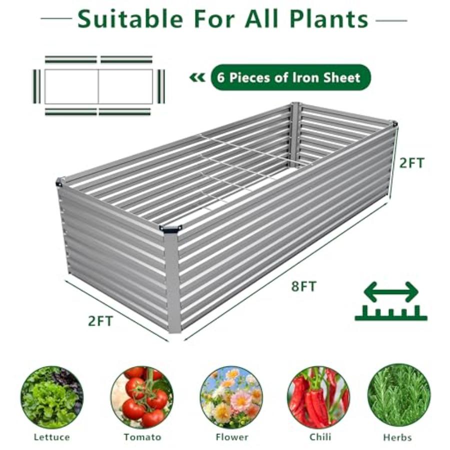 8x2x2FT Galvanized Raised Garden Bed Kit Rectangle Metal Flower Box Silver Large Planter Outdoor Garden for Planting Fruit Herb