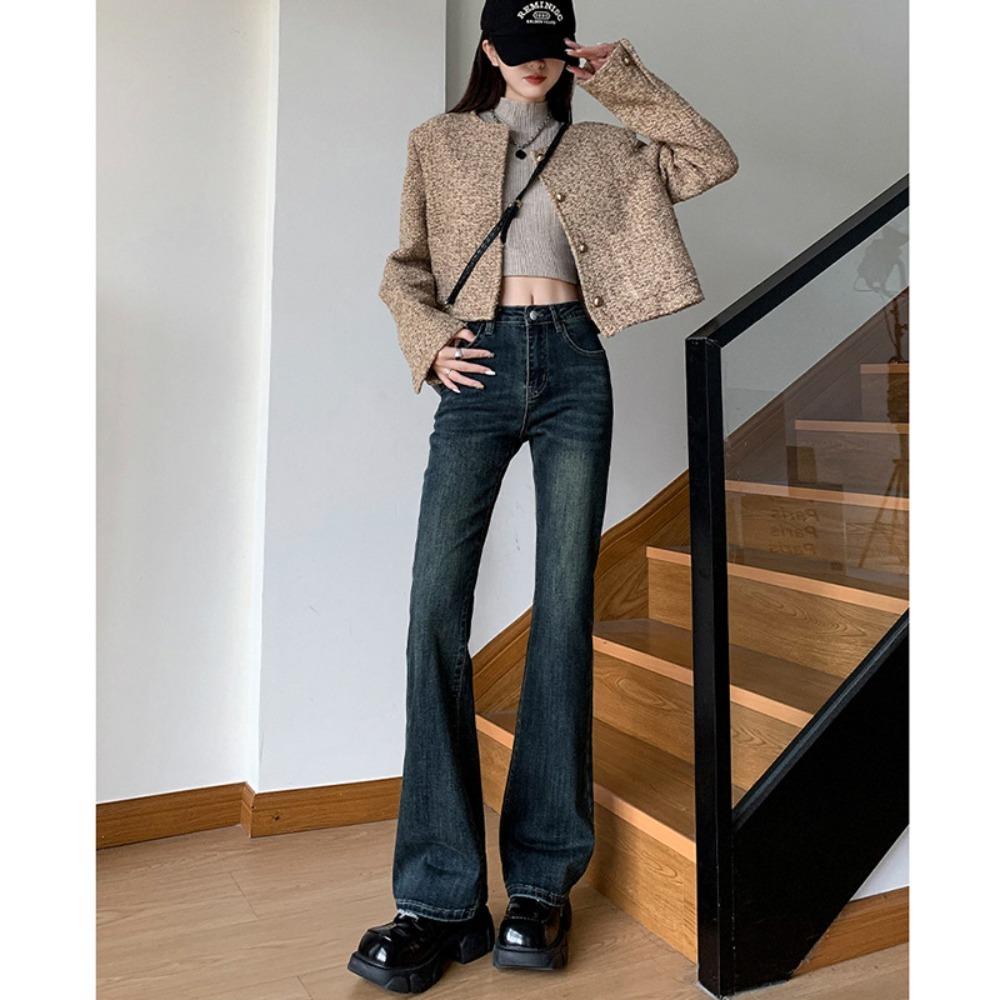 0774 Personalized Street Horseshoe Jeans Women's High Waist and Thin Horn Spring and Autumn New Popular Micro-horn Jeans