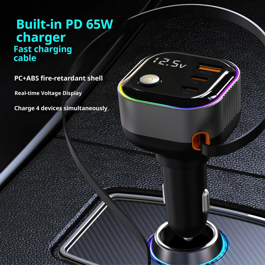 GE03 Voltage Display Car Charger with Retractable Cable and Ambient Light PD 65W Fast Charging Adapter