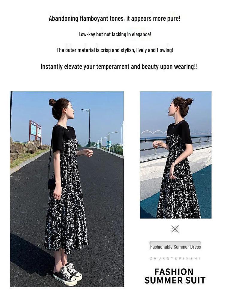 2022 Letní dámské květinové šaty ve stylu Hepburn střední délky s vysokým pasem a zeštíhlujícími krátkými rukávy